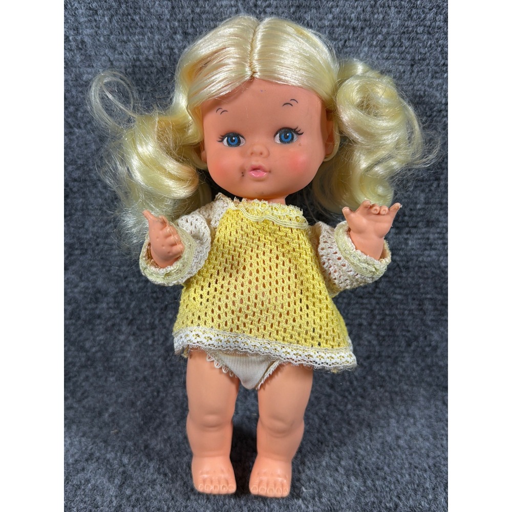 Vintage 1960s Playmates Doll Blonde Hair Blue Eyes Yellow Knit Dress Hong Kong